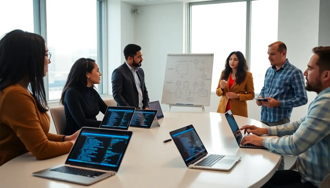 diverse team learning software development in a modern classroom.