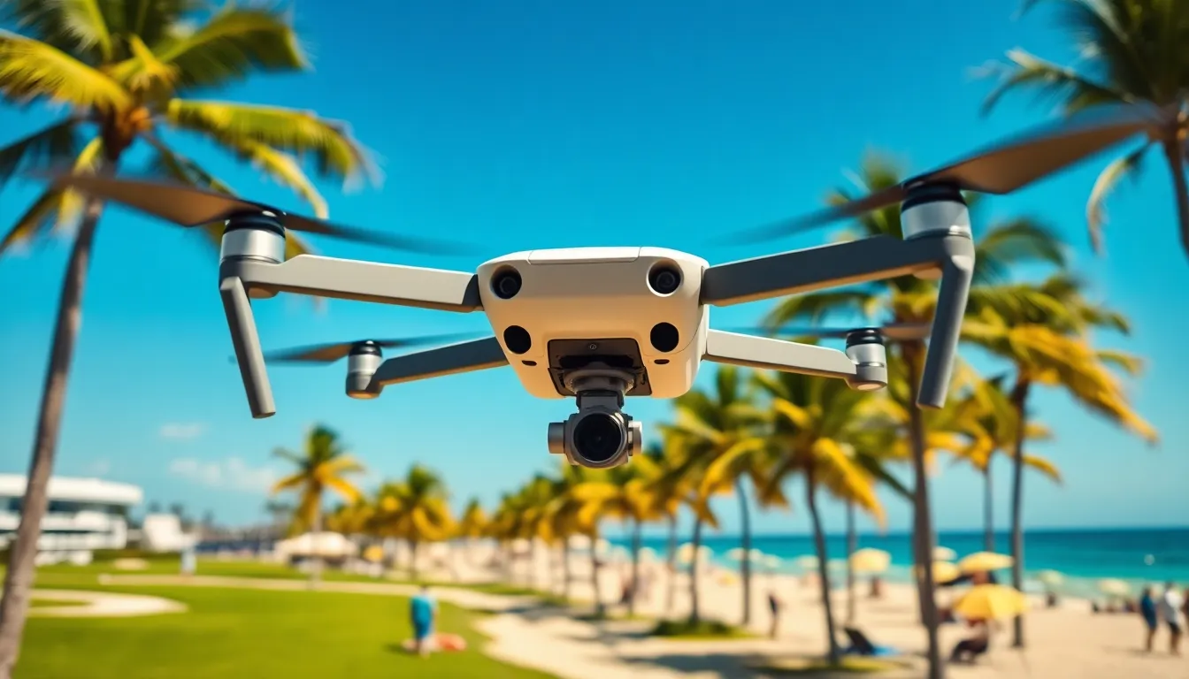 drone flying over a Florida beach with palm trees.