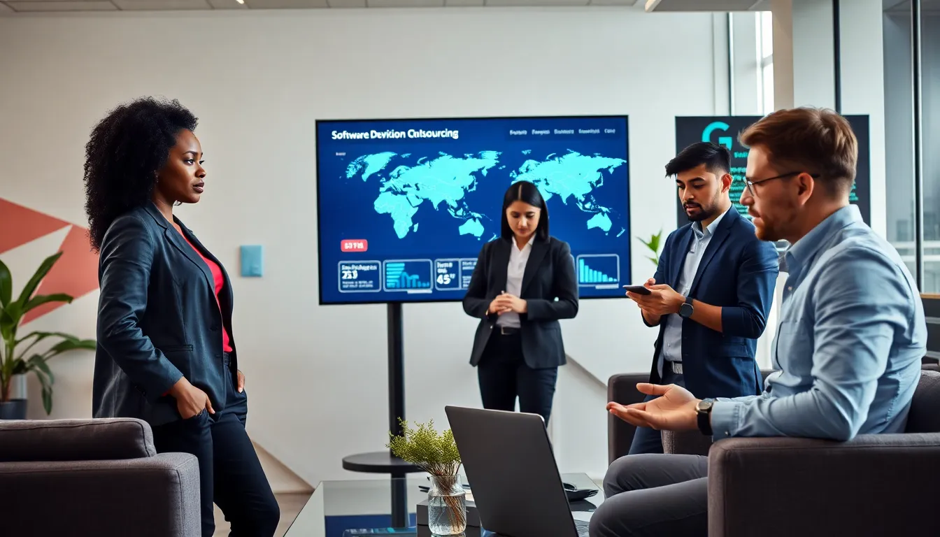 diverse team discussing software development outsourcing in a modern office.