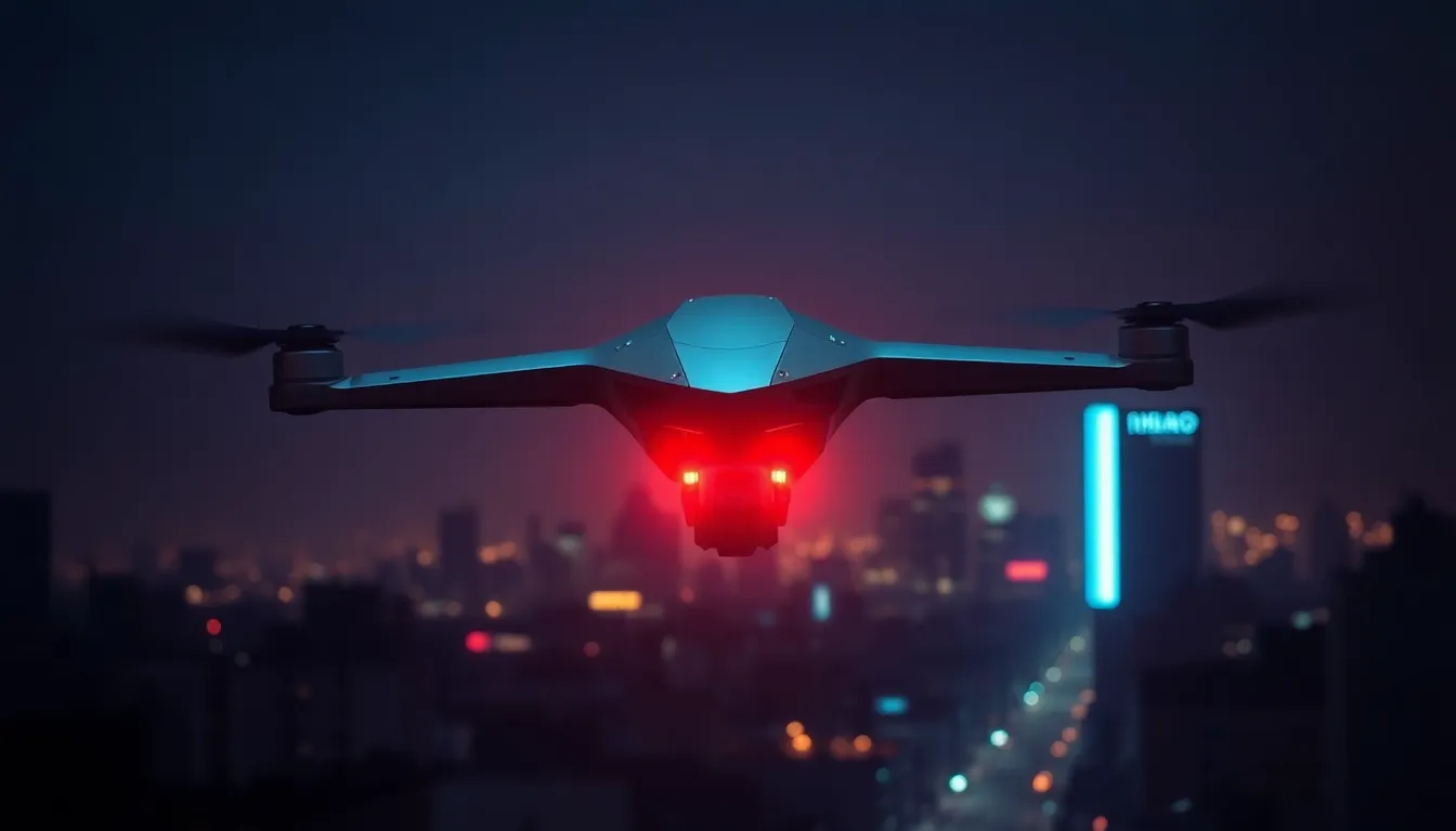 futuristic drone in a dark urban environment, reflecting technology's dual nature.