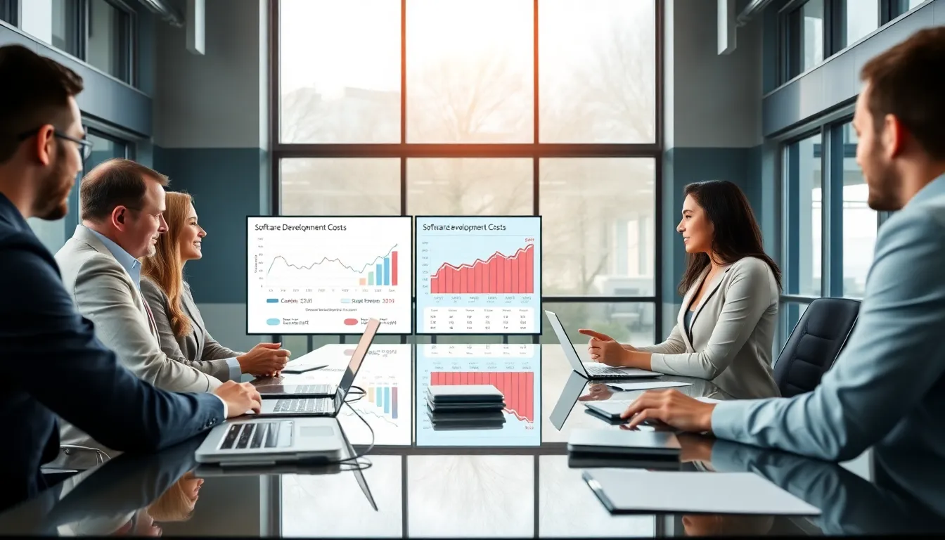 diverse team discussing software development costs in a modern office.