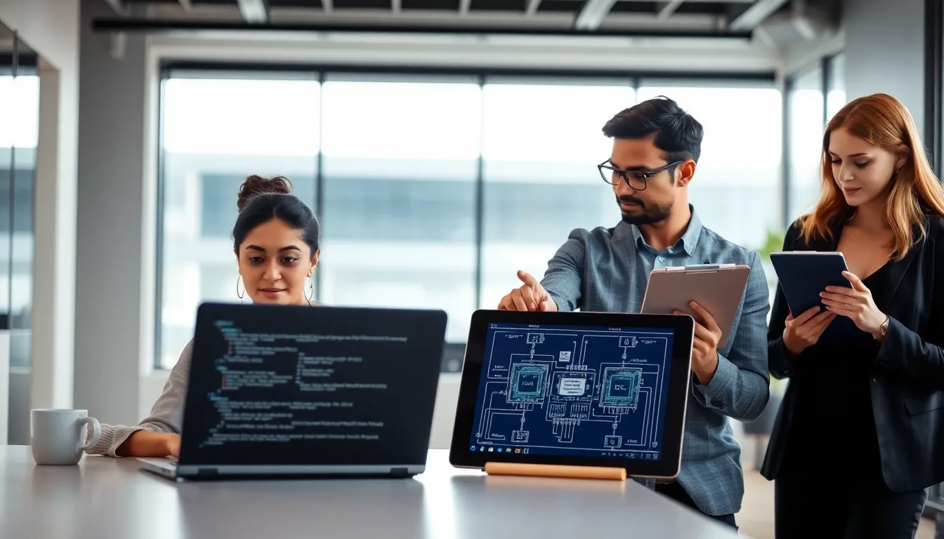 diverse team working on embedded software development in a modern office.