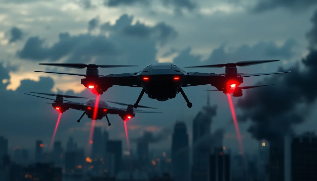 futuristic murder drones over a dystopian cityscape.