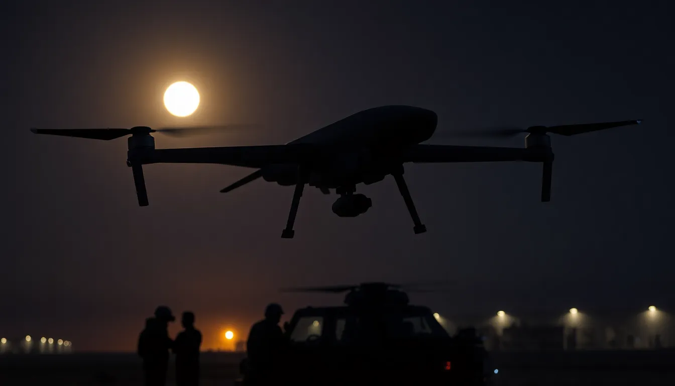 military drone flying at night over a training operation.
