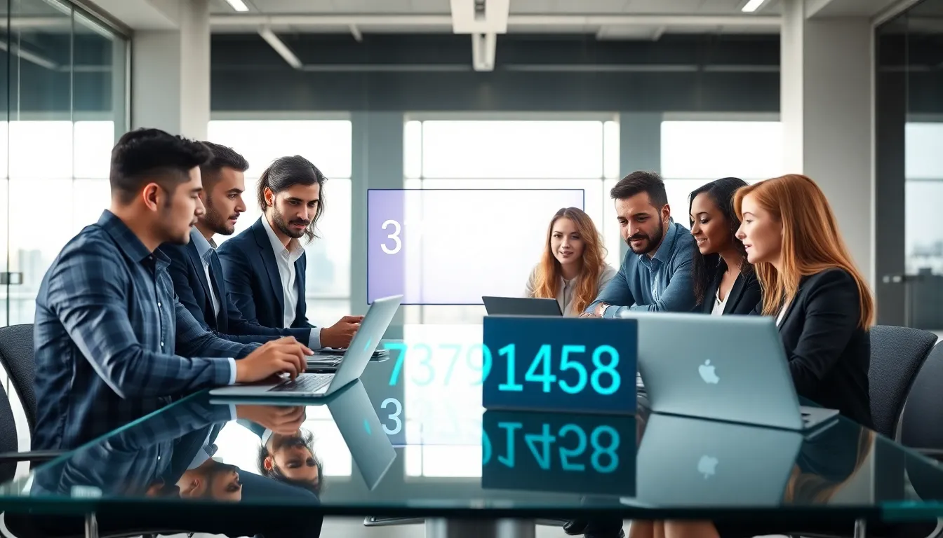 diverse team discussing data in a modern office.